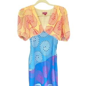 STAUD Casual Pink and Yellow Puff Sleeve Sundress